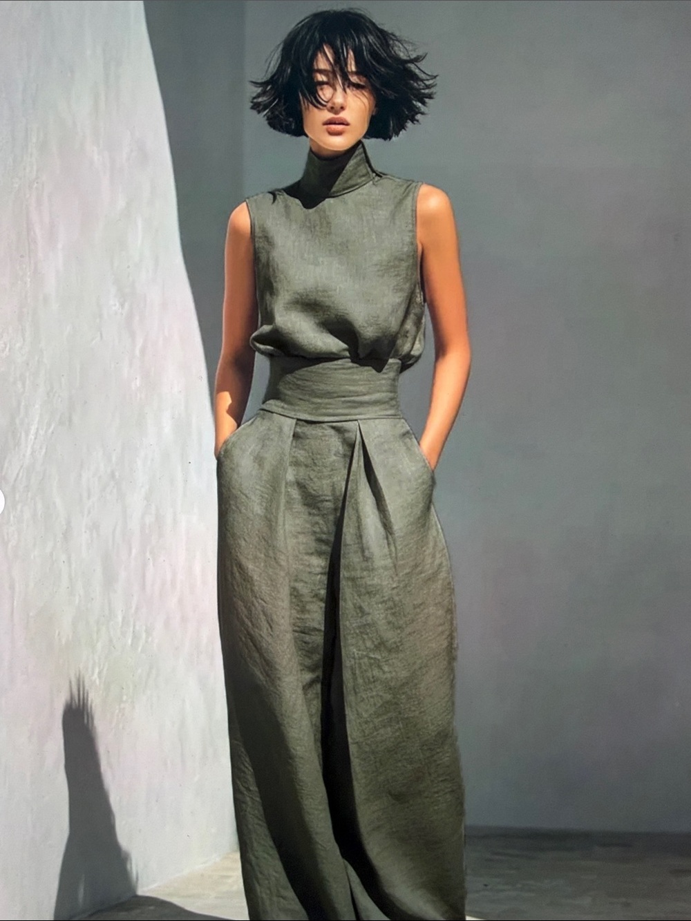 Modesees Olive Green cotton/linen Sleeveless Mock Neck Top and wide leg pants